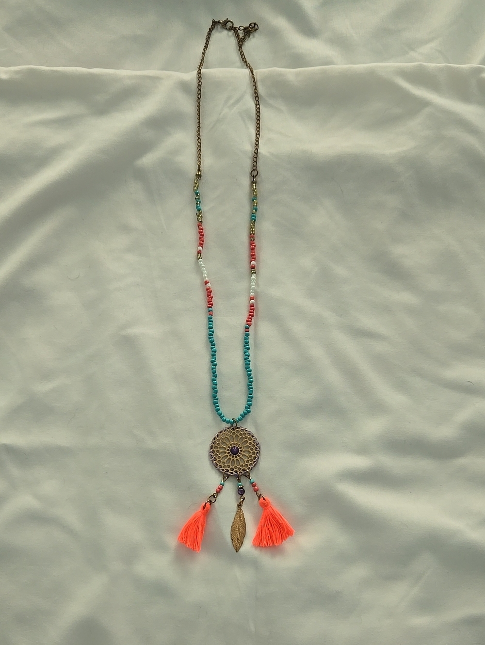 Boho Turquoise and Coral Tassel Pendant Necklace